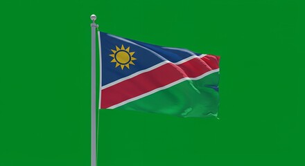 Namibia's vibrant flag billows proudly against a crisp green screen.