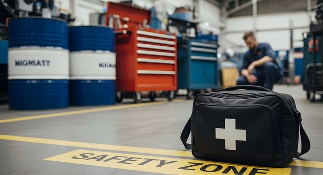 Industrial safety shows a first aid kit, with a safety zone sign, and worker, highlighting workplace safety measures.