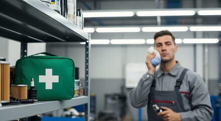 Mechanic holding cold compress with first aid kit nearby in an auto repair shop, highlighting safety and well being in the garage.
