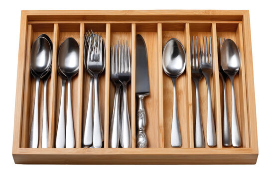 Elegant kitchen drawer organizer with wooden compartments on transparent background

