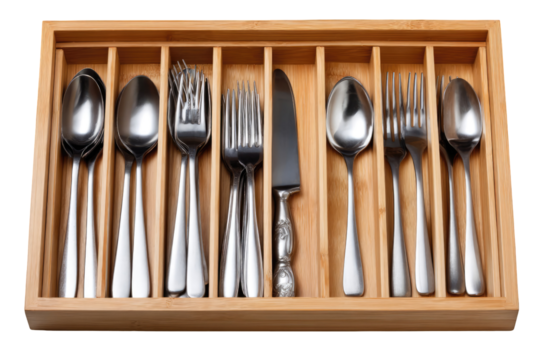 Elegant kitchen drawer organizer with wooden compartments on transparent background

