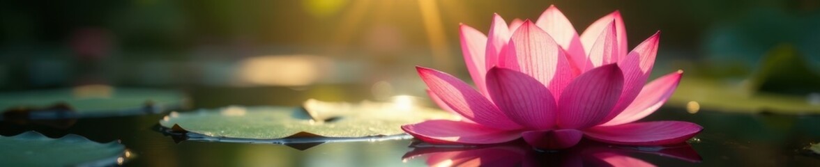 Fototapeta premium Radiant pink lotus in sunlit water, petals unfurled , stock, still, lake