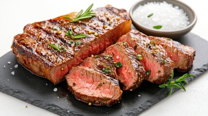 Deliciously grilled steak served with sea salt and rosemary, perfect for a satisfying meal that delights the palate.