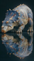 Dinosaur model in vibrant colors with intricate details reflected in a shiny surface during a studio showcase