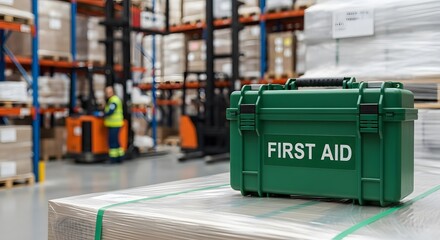Green first aid kit sits on a pallet in a warehouse, vital for occupational health and safety preparedness in the workplace.