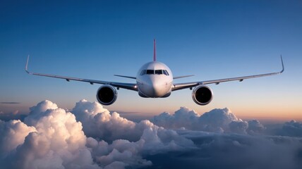 Obraz premium Commercial airplane soaring above clouds during sunset