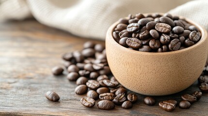Freshly roasted coffee beans in a decorative bowl on rustic wooden table, perfect for coffee lovers and kitchen decor enthusiasts.
