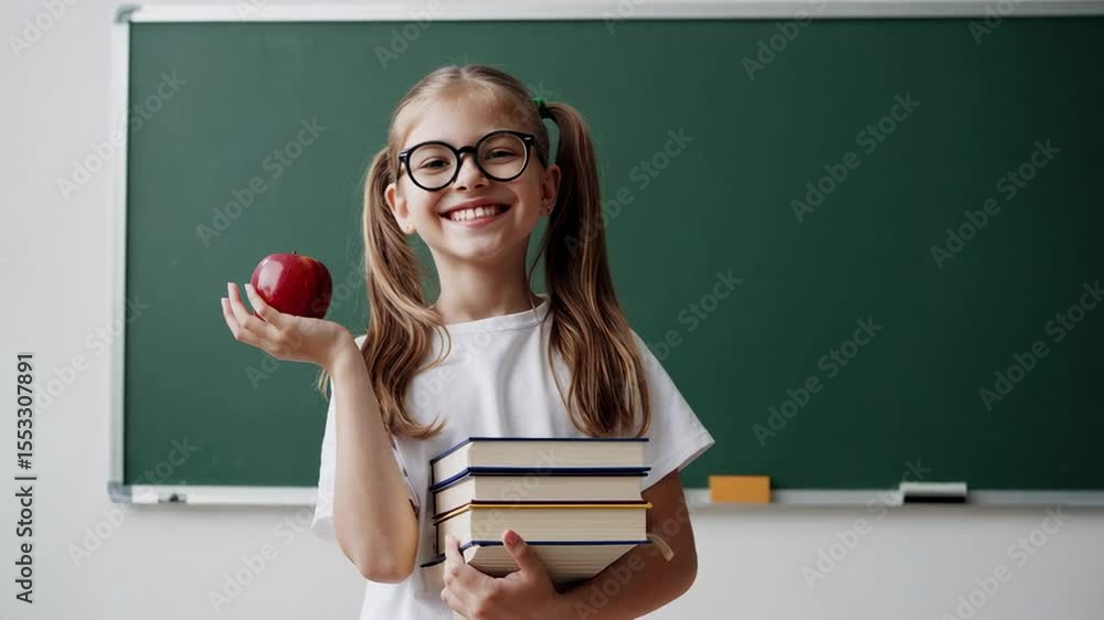 Poster young student wearing eyeglasses, holding books and red apple near green chalkboard, radiating joy w