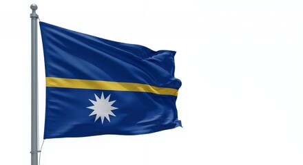 Nauru's vibrant flag billows proudly against a crisp white sky.