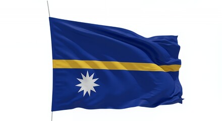 Nauru's vibrant national flag billows proudly in a crisp, white sky.