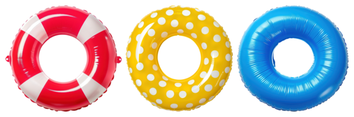 PNG Colorful inflatable pool rings, element set on transparent background