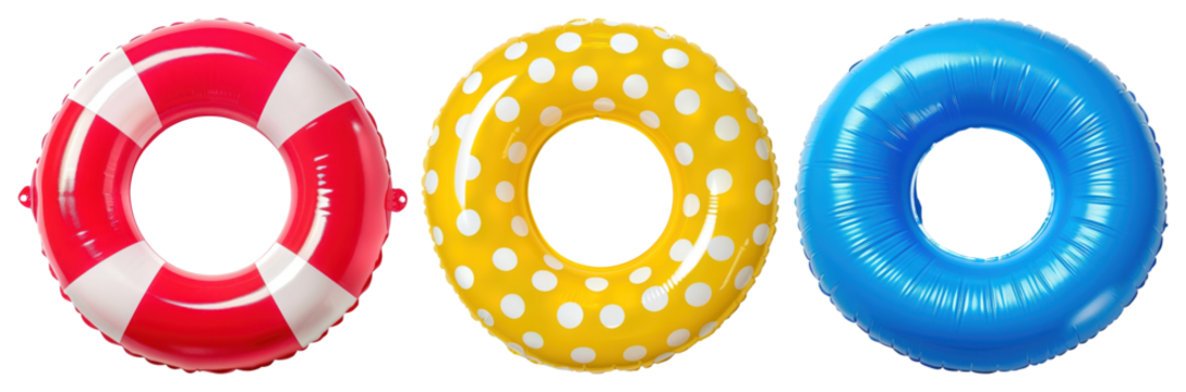 PNG Colorful inflatable pool rings, element set on transparent background
