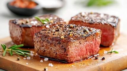 Juicy grilled steaks garnished with herbs on a wooden cutting board, showcasing mouthwatering textures and flavors.