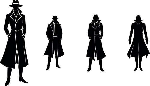 Vector art of four men in trench coats stand in silhouette isolated on transparent background