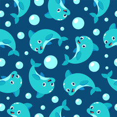 Cute cartoon dolphins and bubbles seamless pattern on blue background. Vector illustration.