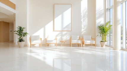 Modern waiting area with minimalist design, featuring comfortable seating and greenery, illuminated by natural light.