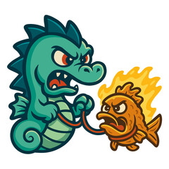 Cartoon Dragon and Fiery Fish in Showdown