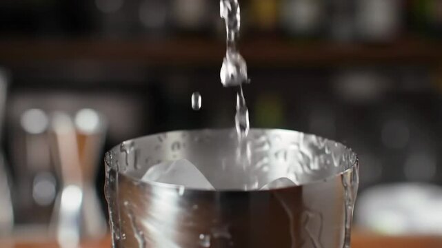 Water and Ice Cubes Falling into Shaker with Clink and Splash
