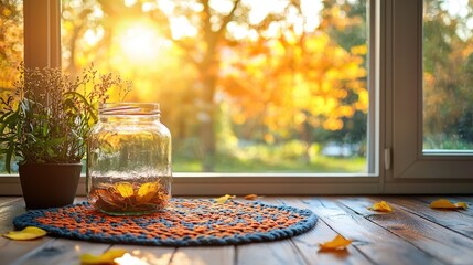 Autumnal window display with fall leaves in a glass jar.