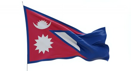 Nepal's vibrant flag billows proudly against a crisp white sky.
