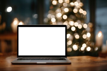 A laptop with a blank white screen sits on a wooden table with a blurred background of bokeh lights