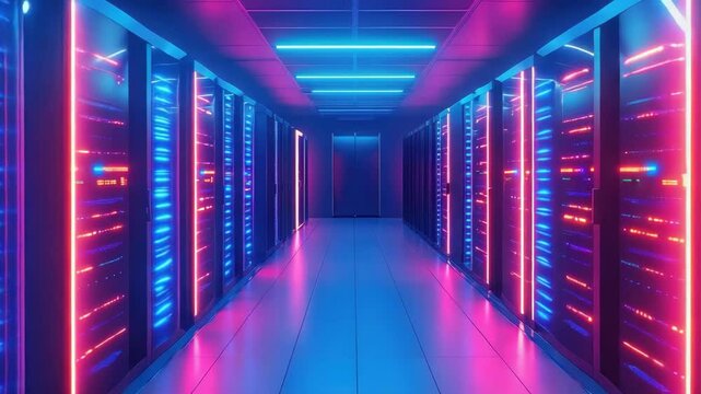 Interior of a server farm with rows of servers and cooling units. Data center infrastructure.