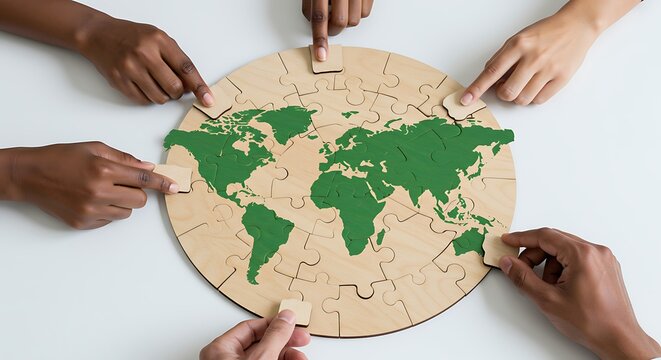 Diverse hands assembling a world map puzzle illustrating global cooperation and connection
