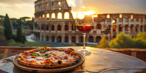 Freshly baked Italian pizza on a rustic plate and a glass of red wine on a table, with a view of the Colosseum in Rome in the background.