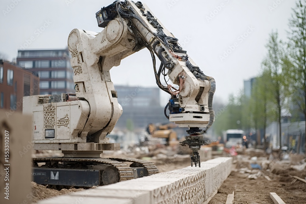 Poster large robotic arm lifting an intricately designed concrete block at a bustling construction site, hi