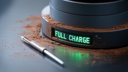 Full charge coffee grinder on table with cocoa powder and spoon