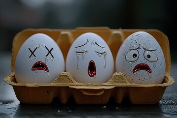 Three eggs in a carton, each with a different emotional expression drawn on them