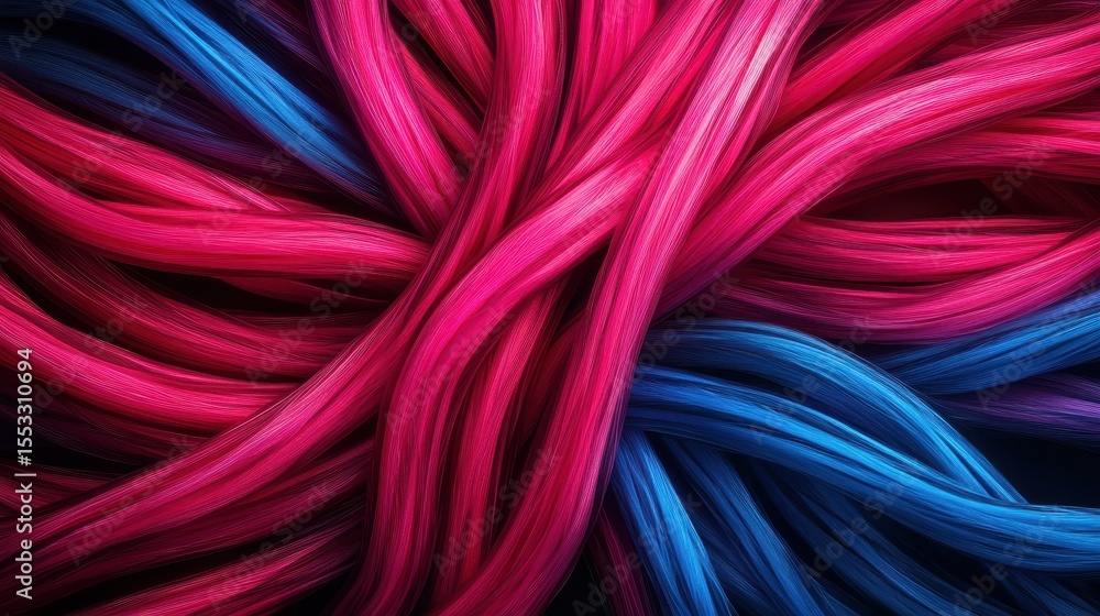 Poster an abstract image showcasing intertwined strands of pink and blue hair, symbolizing the blend of cre