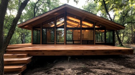 Obraz premium A stunning modern wooden cabin nestled in a lush green forest, emphasizing harmony with nature and contemporary architectural design, inviting tranquility and relaxation.