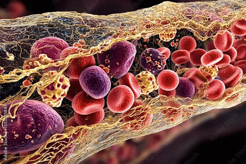 Poster flowing through a vein, red and white blood cells along with platelets move dynamically within a fib