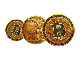 Three golden Bitcoin coins showcasing digital circuitry with the emblematic Bitcoin logo in a futuristic design