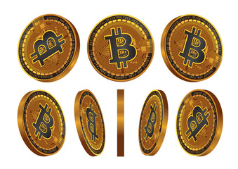 Showcase of Bitcoin coins detailed with circuitry and logos from various angles to emphasize their digital features and design