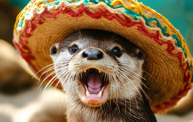 Shouting surprised otter with sombrero hat – funny animal portrait for humor and celebration themes.