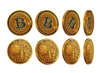 Showcase of Bitcoin coins detailed with circuitry and logos from various angles to emphasize their digital features and design