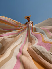 Pastel striped dress in motion – full body low angle fashion portrait with blue sky as background for editorial use.