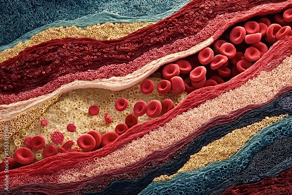Poster red blood cells are flowing through an artery, creating a dynamic visualization of the circulatory s