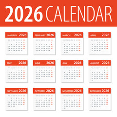 2026 Calendar Leaves Set - Vector Illustration. Week starts on Monday