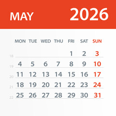May 2026 Calendar Leaf - Vector Illustration. Week starts on Monday