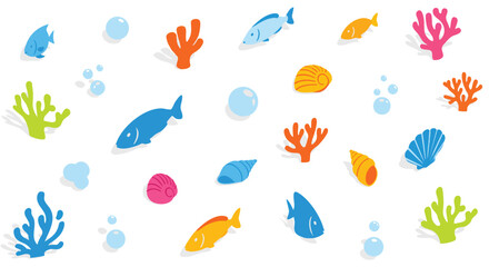 Colorful Isometric Sea Life Pattern Featuring Various Fish, Corals, Seashells, and Bubbles.