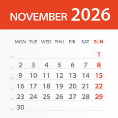 November 2026 Calendar Leaf - Vector Illustration. Week starts on Monday
