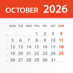 October 2026 Calendar Leaf - Vector Illustration. Week starts on Monday