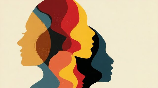 Colorful silhouettes of diverse women profiles in artistic design  