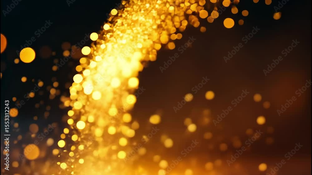Poster floating golden particles in abstract blurry background with soft lighting and dreamy tone.