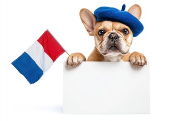 A tan French Bulldog wears a blue beret holds a sign and waves a French flag against a white background