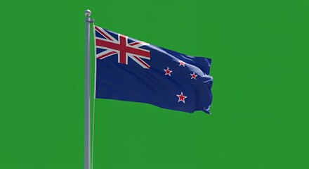 New Zealand's Flag Flutters Proudly Against a Vibrant Green Screen