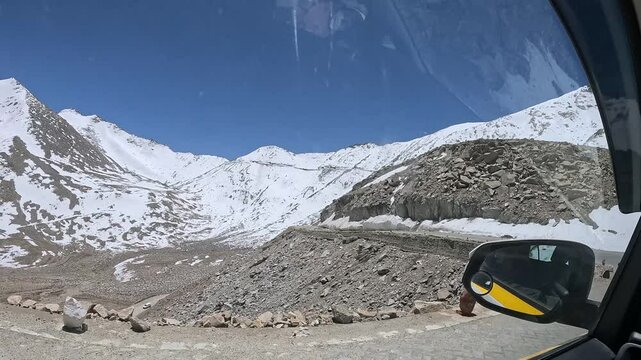 Car drive from Khardung La pass to Nubra Valley